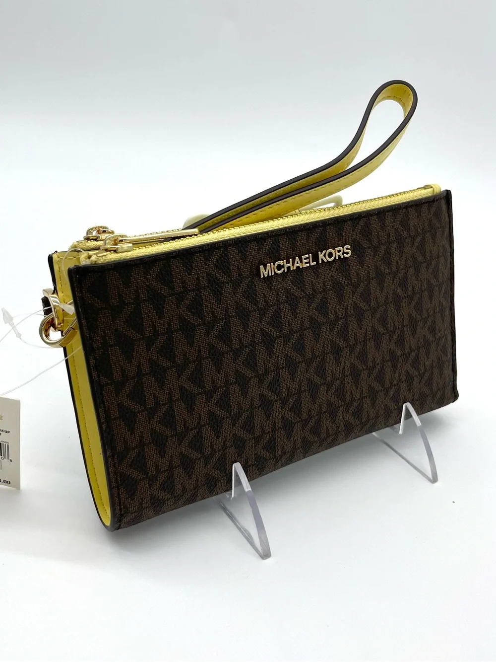 Michael Kors Large Double Zip Brown MK Logo Wristlet with Yellow Trim